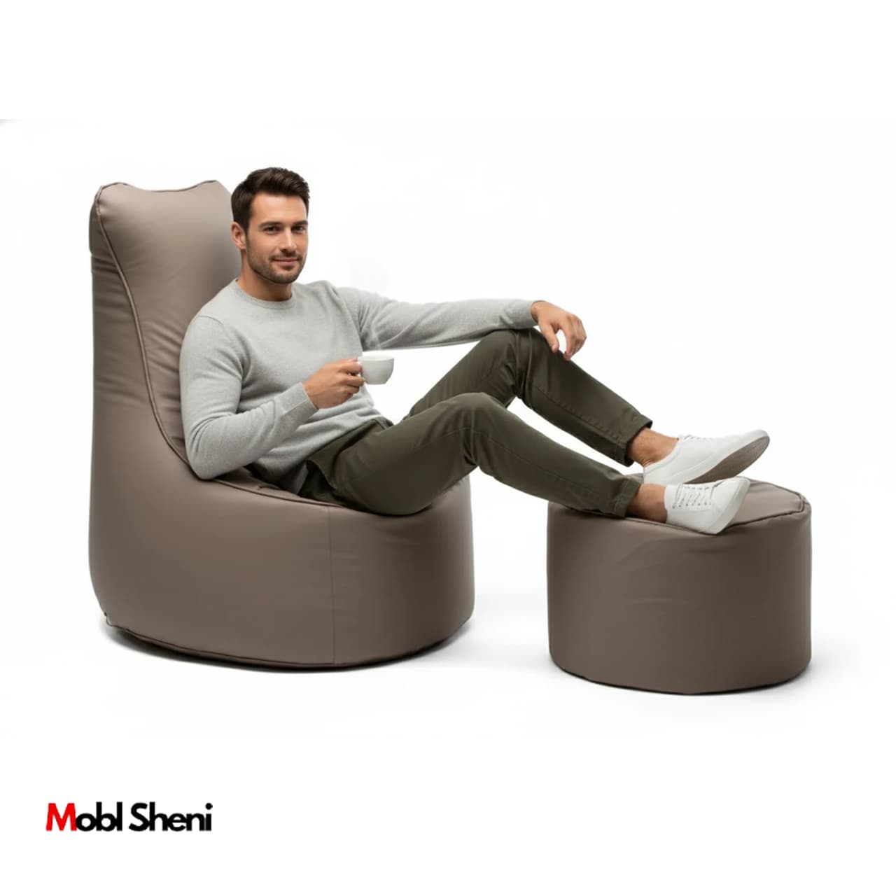 مبل شنی یک نفره طوسی با زیرپایی چرم